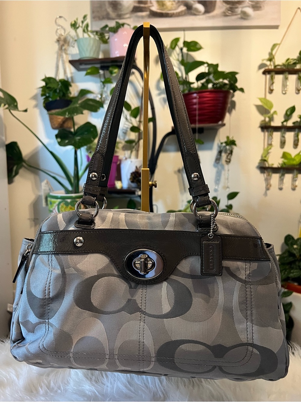 Coach Gray Signature Canvas Shoulder Bag with Dark Brown Trim